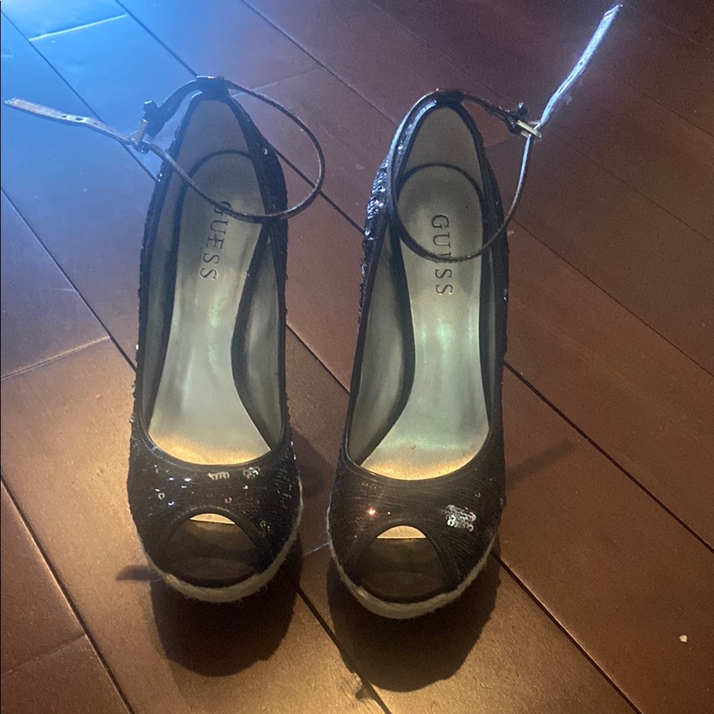 Guess Black Patent Leather Peep-Toe Heels